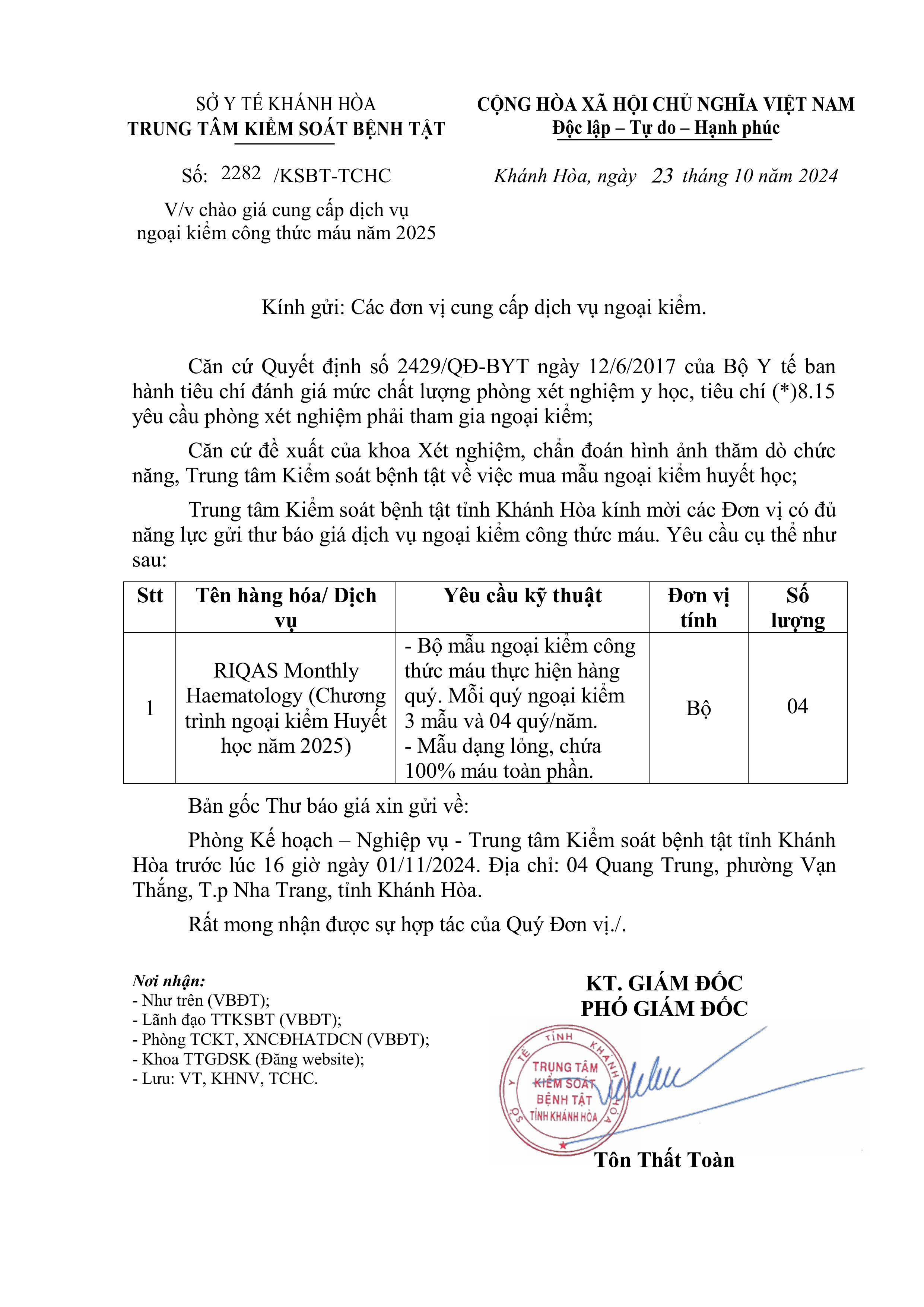 V/v chào giá cung cấp dịch vụ ngoại kiểm công thức máu năm 2025 (2282)